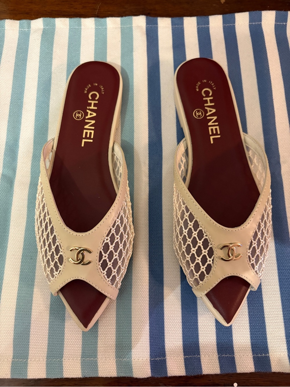Coco Beach style Ivory Mesh & Burgundy Leather Slide Mules